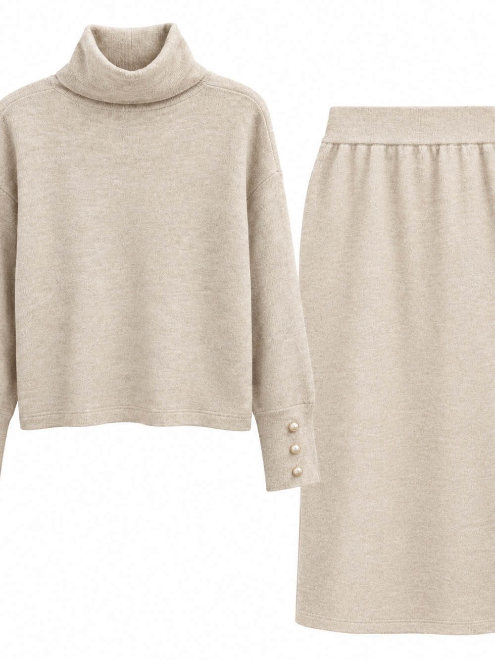 Turtleneck Knit Sweater & Skirt Set in Light Beige
